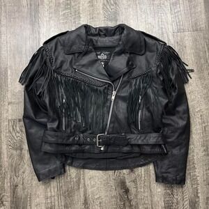 Vintage MOB Western Style Black Fringe Leather Motorcycle Biker Jacket 18
